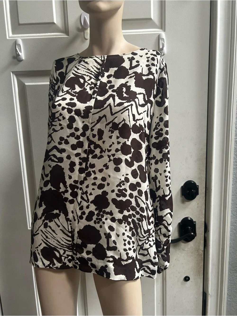 Tory Burch Silk Cream and Dark Brown Abstract Long-Sleeve Tunic Blouse Sz M